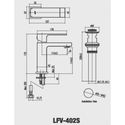 Bản vẽ kỹ thuật Vòi chậu lavabo nóng lạnh Inax LFV-402S