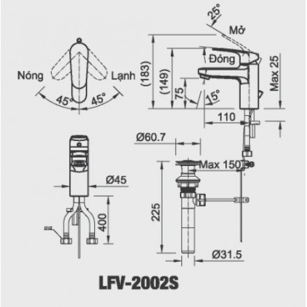 Bản vẽ kỹ thuật Vòi chậu lavabo nóng lạnh Inax LFV-2002S