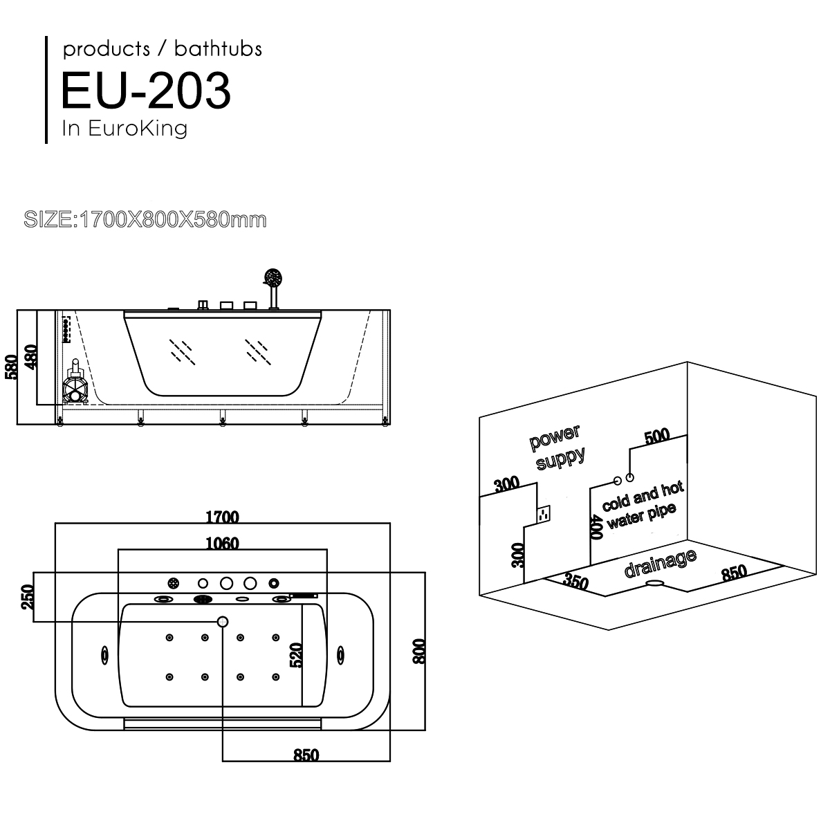 Bản vẽ kỹ thuật bồn tắm massage Euroking EU-203