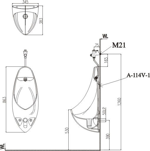 Bản vẽ kỹ thuật Bồn tiểu nam Inax U-417V